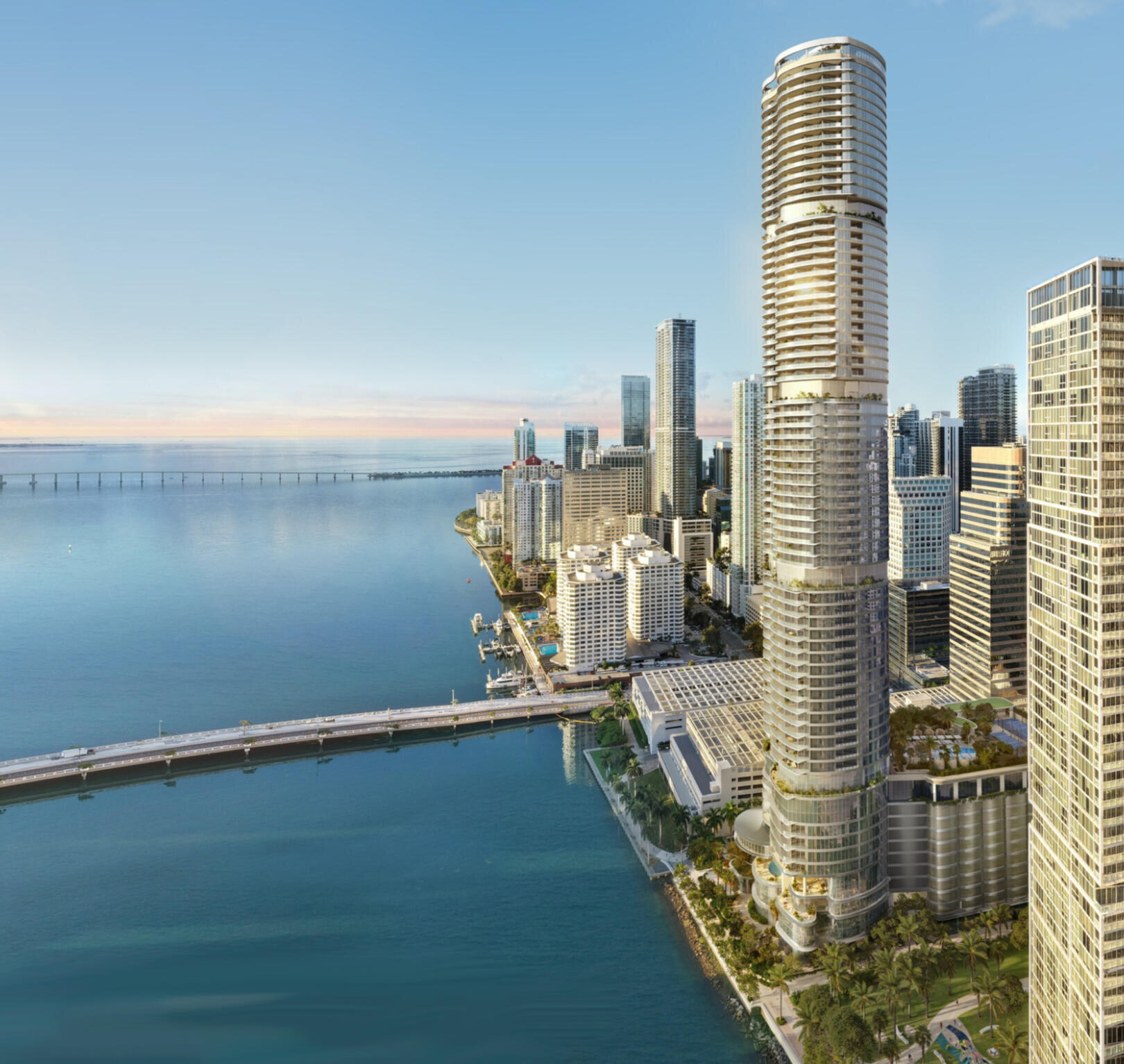 A rendering of a waterfront tower on the Miami skyline
